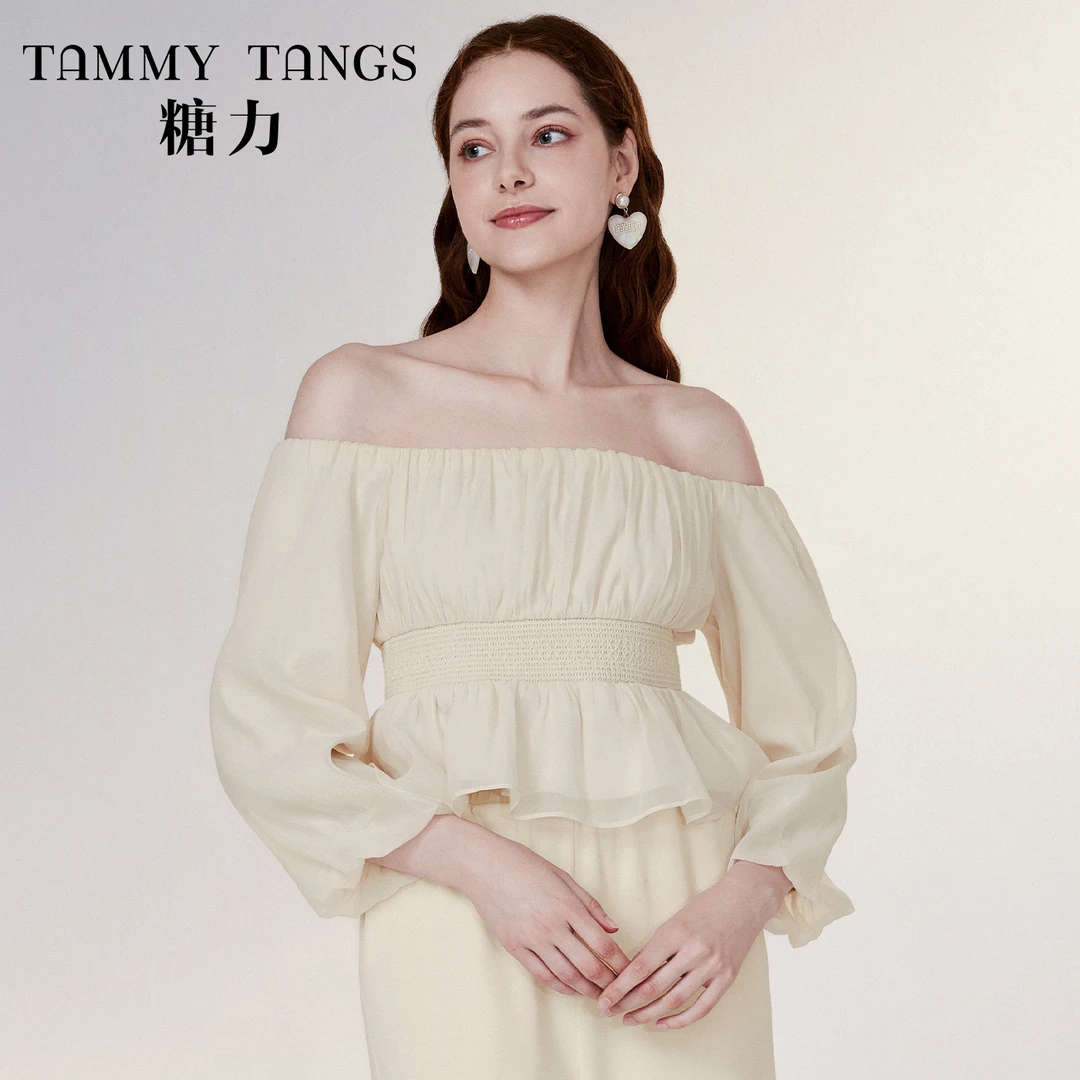 糖力纯欲风仙气欧根纱长袖打揽显瘦一字肩上衣短款