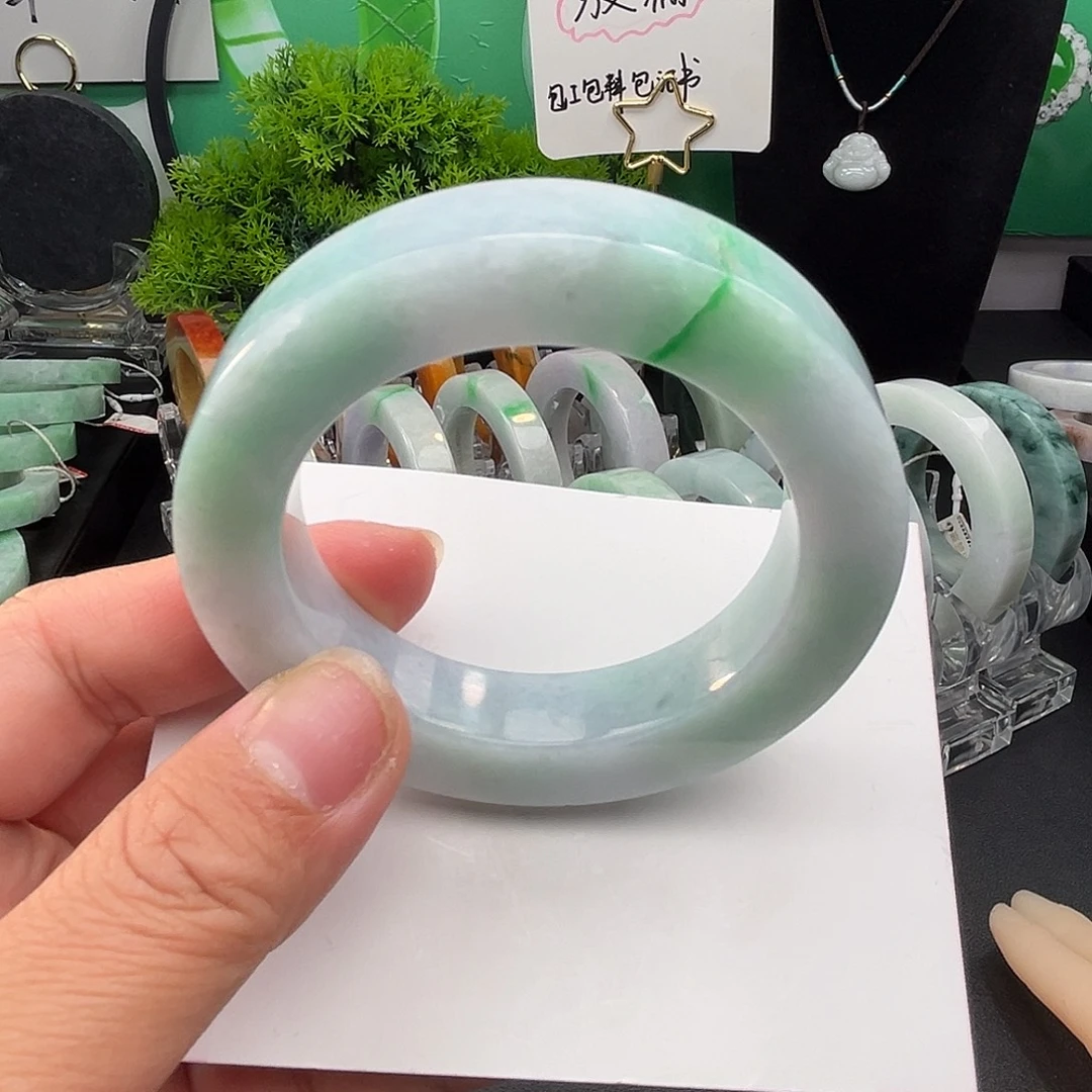 定制翡翠未镶嵌翡翠手镯绿飘花圈口52-58