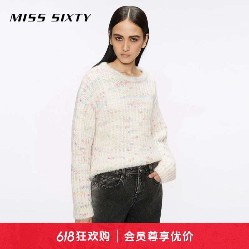 Miss Sixty冬季新款长袖针织衫女圆领彩点毛衣甜美减龄气质