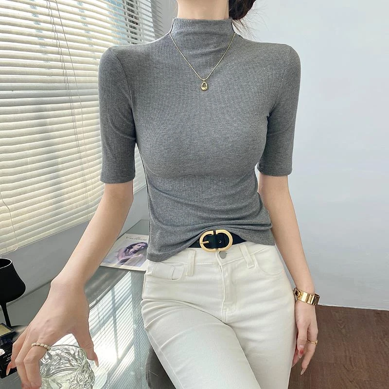 百搭显瘦半袖修身半高领纯色洋气针织时尚薄款夏季打底衫女半高领