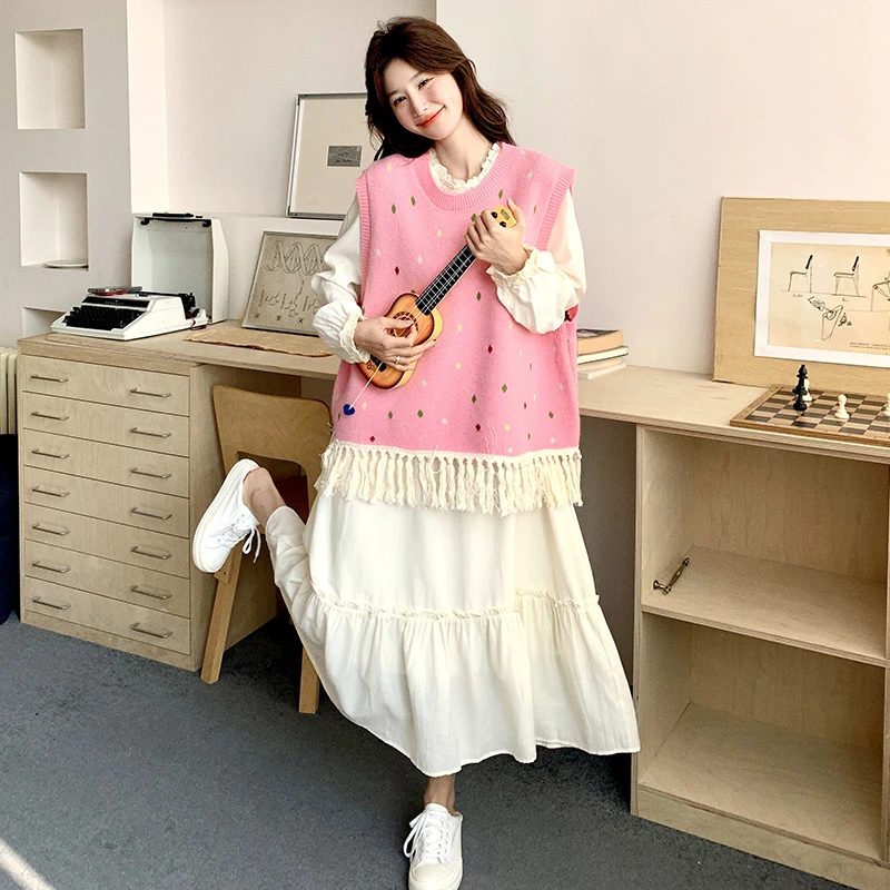 粉色流苏针织背心连衣裙套装女春季新款韩系甜美少女感长裙两件套