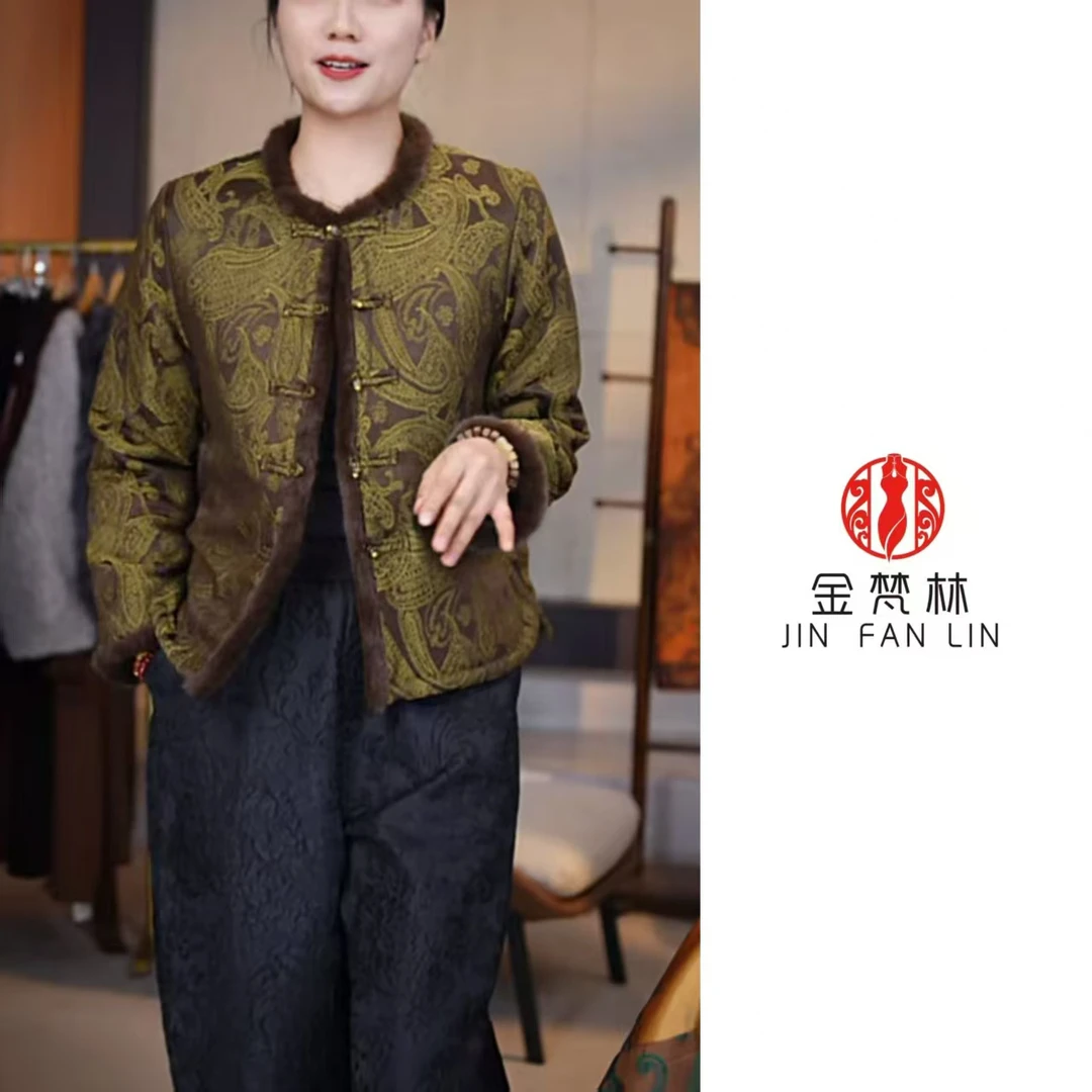 【腰果花棉袄】加棉新中式国风盘扣圆领老料提花毛毛拼接外套国潮