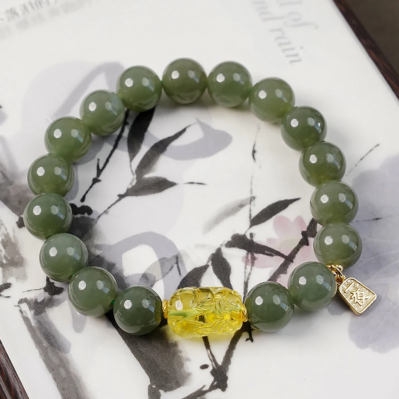 天然和田玉大点位琥珀貔貅手链-8740