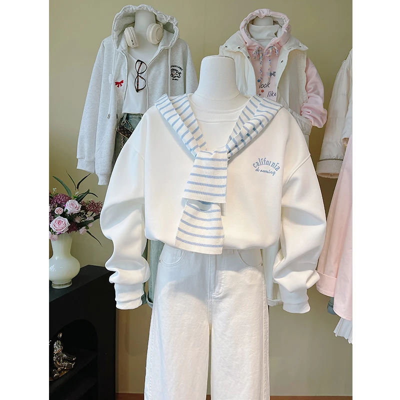 韩系超好看披肩假两件套头卫衣女秋冬洋气小个子字母刺绣加厚外套