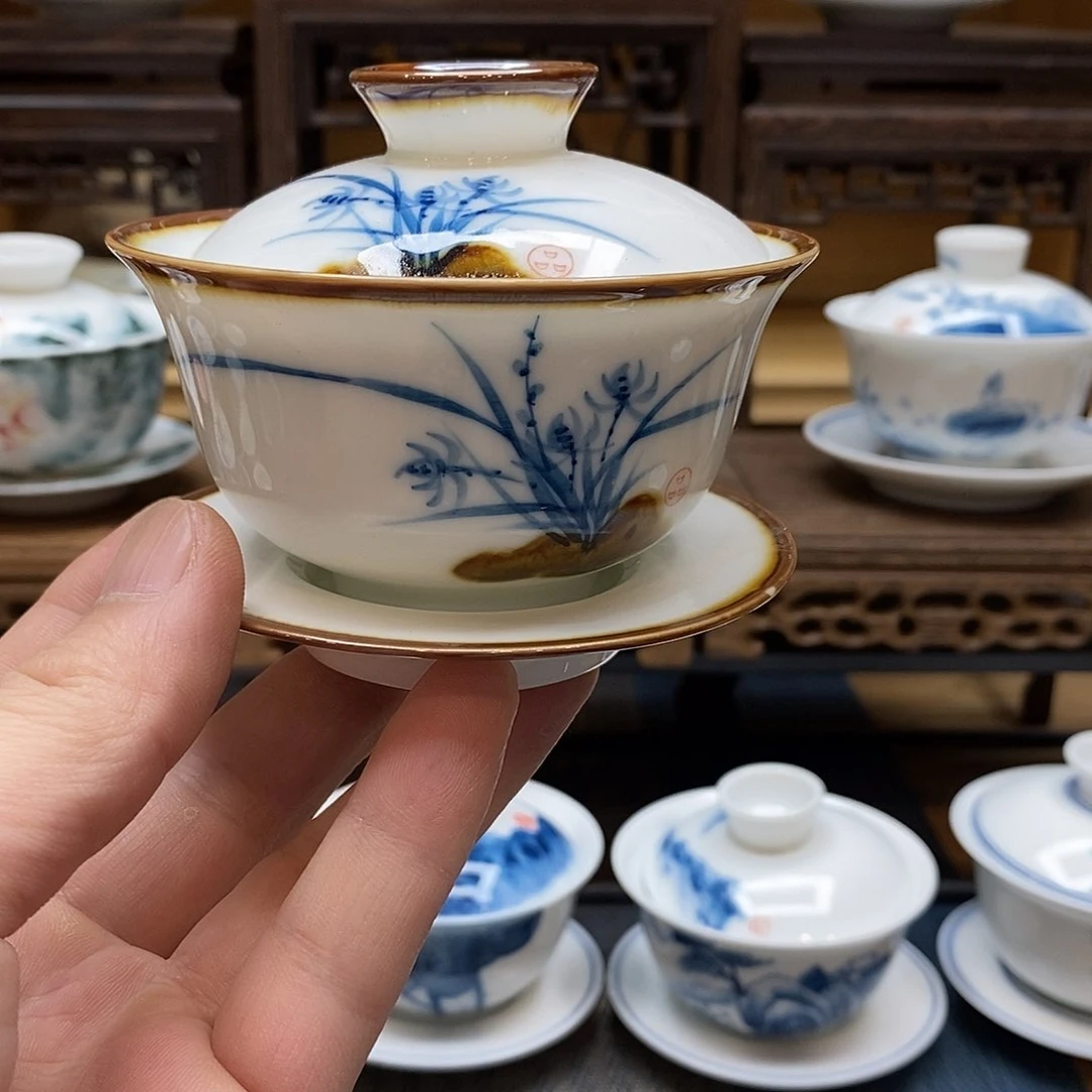 手绘茶具兰花盖碗