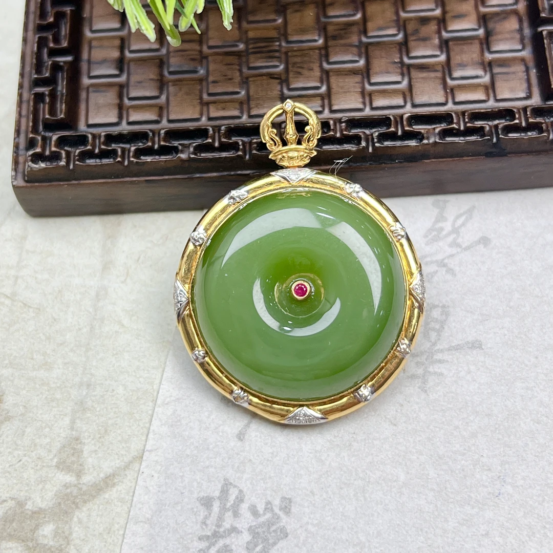 YJ48和田玉碧玉18k金围镶平安扣吊坠25*8mm+