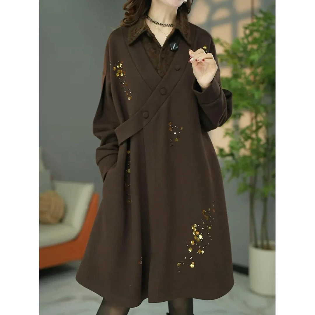 高级精纺加厚保暖宽松连衣裙女春季2026新款遮肉洋气中长款礼服裙