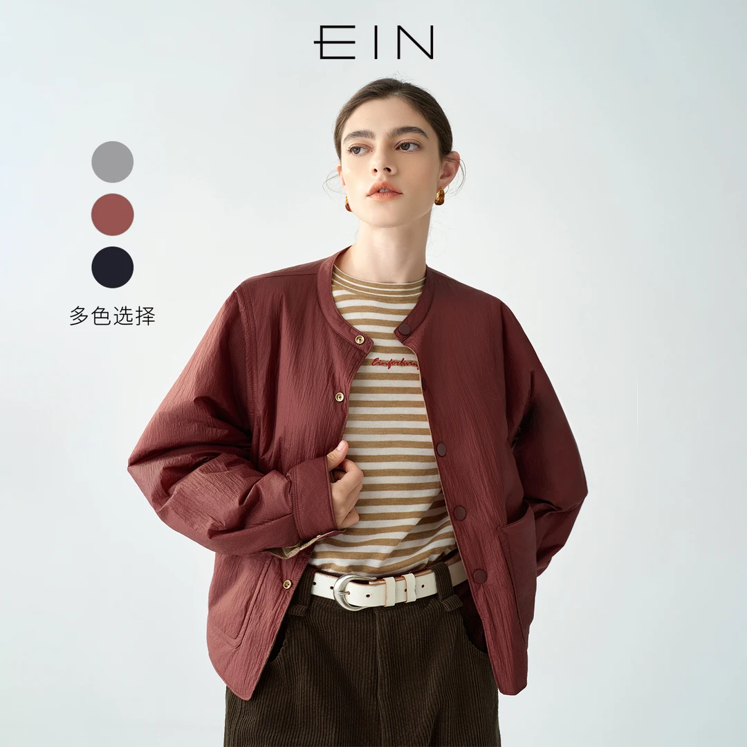 EIN/言 复古休闲双面穿圆领短箱型量感棉服外套女2025秋冬新款