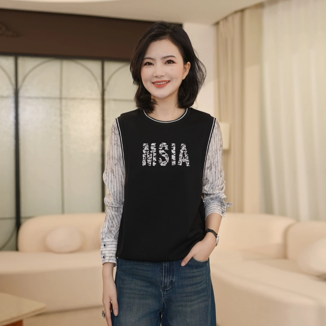 枫竺阿楠anan高级感圆领撞色拼接字母印花卫衣女秋季休闲长袖上衣