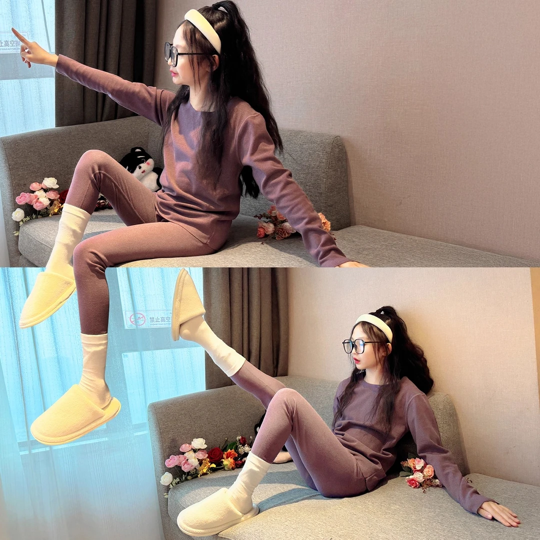 女童无痕内衣套装2025新款初中生女孩纯棉秋衣秋裤儿童冬装家居服