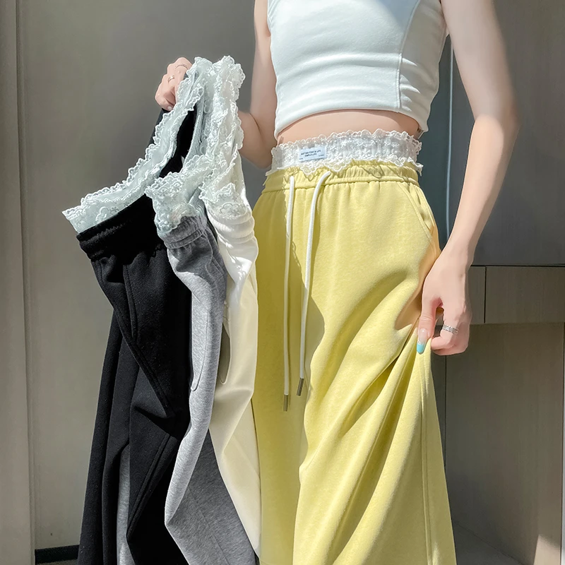 黄色蕾丝拼接阔腿弯刀裤女夏季2025新款高腰直筒运动休闲香蕉卫裤
