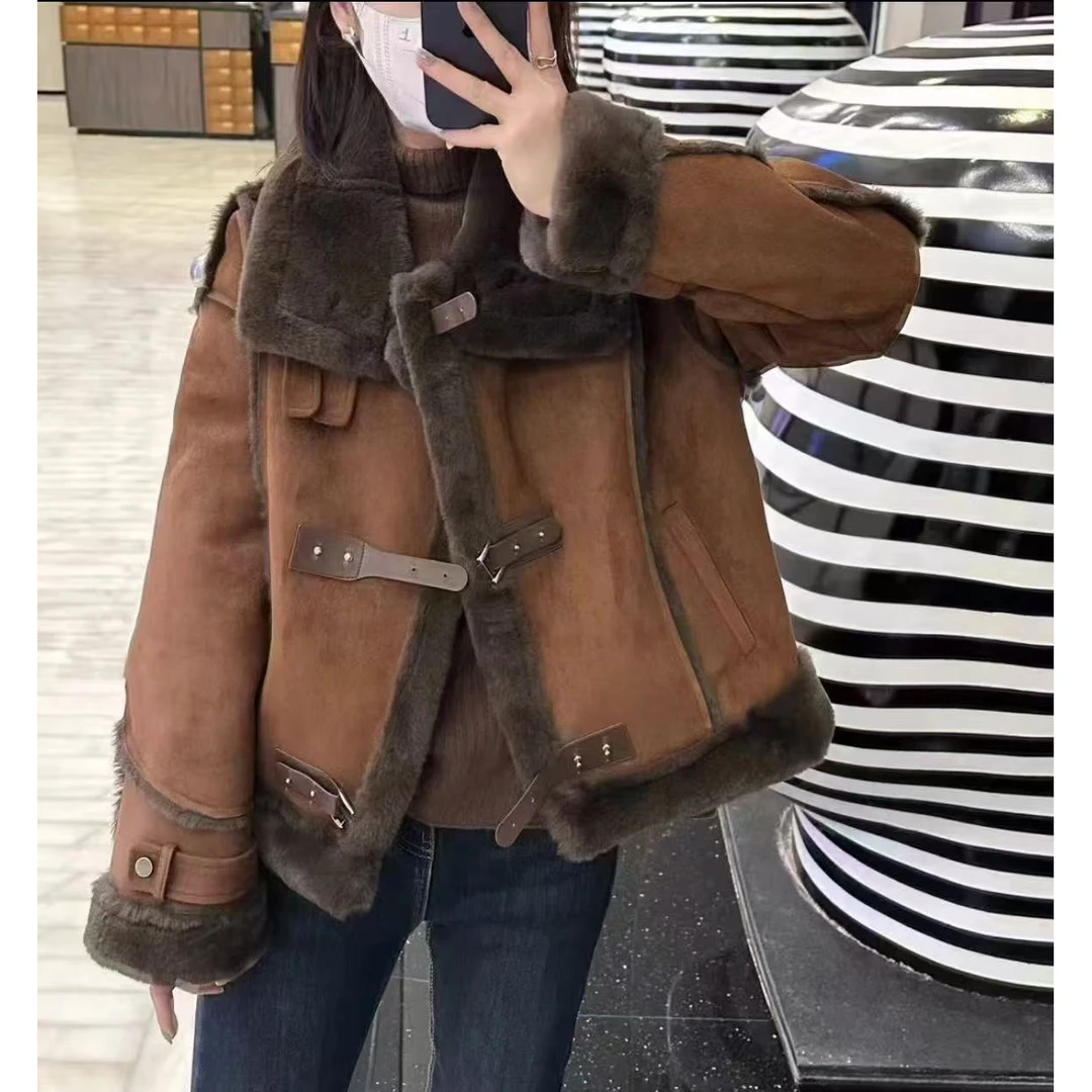 短款皮毛一体羊羔外套冬季新款加绒加厚小个子立领机车