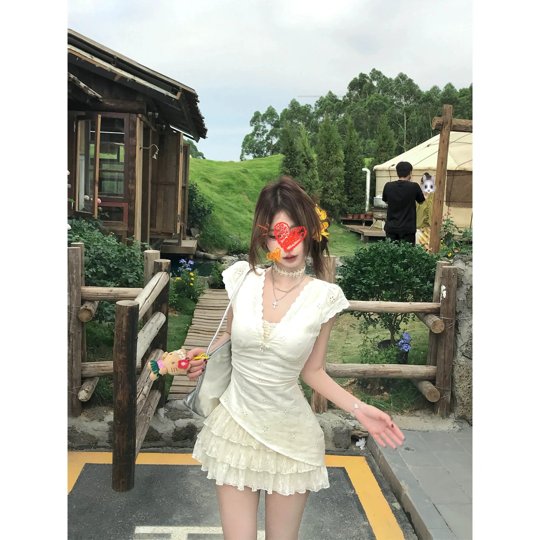 【蕾丝泡沫】假两件蕾丝刺绣连衣裙女夏季收腰纯欲裙子