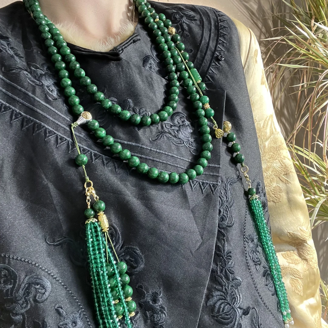 铜合金石英石项链 新中式斜跨链国风饰品长款项链绿色斜跨链