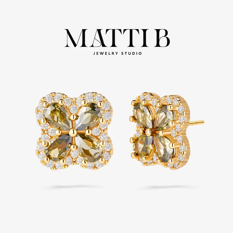 铜合金合成锆石耳饰 轻奢紫色高级小众气质百搭四叶草耳钉女2015