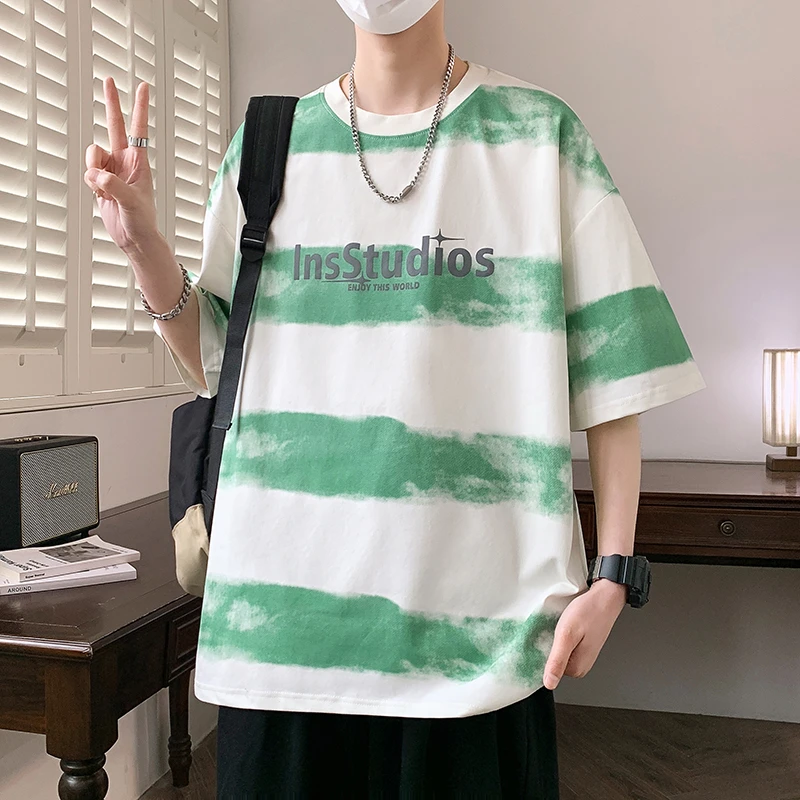 青少年学生夏新款圆领港风印花夏季宽松条纹短袖韩版T恤男