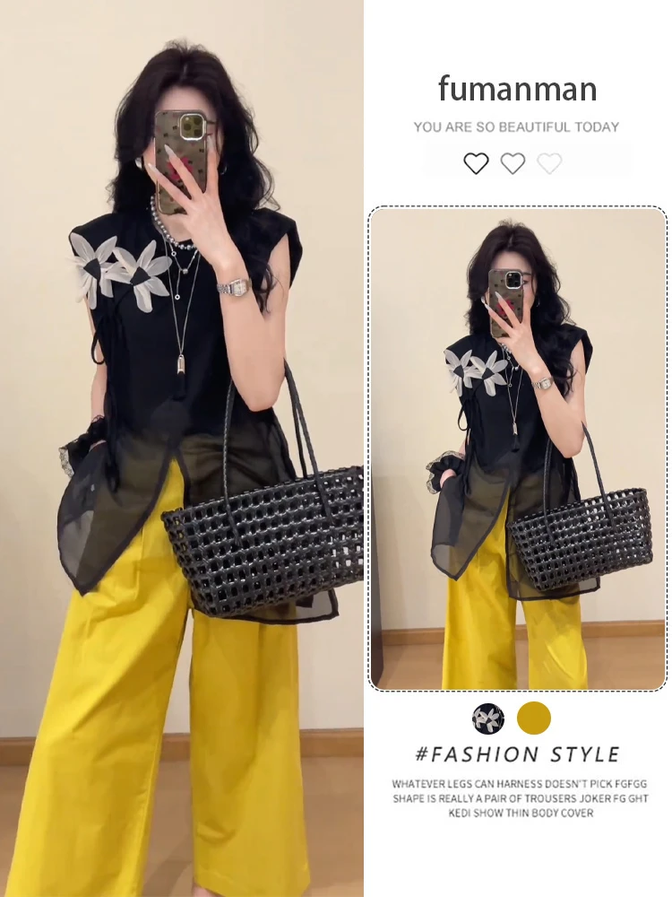 夏季套装女2025新款穿搭韩版洋气小众设计感上衣显瘦休闲裤两件套