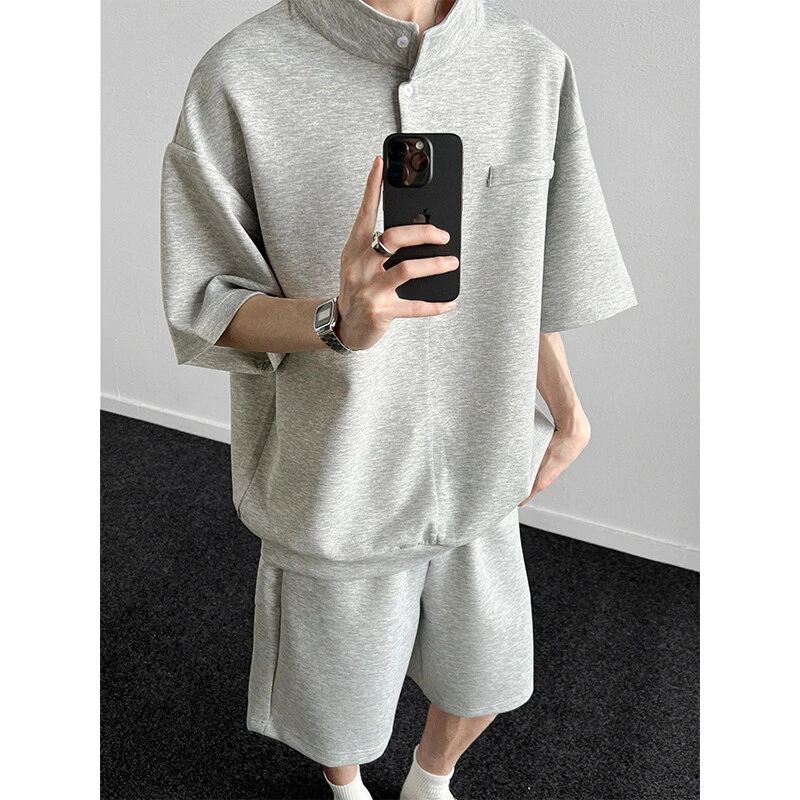 花灰色立领polo衫短袖运动套装男款夏季穿搭慵懒风休闲百搭一整套