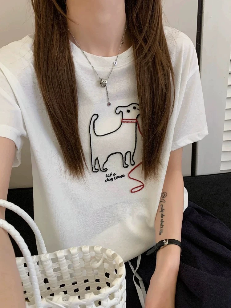 欧货小狗印花圆领T恤8788