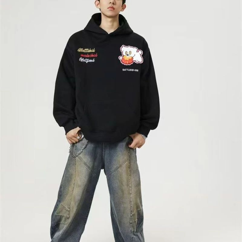 美式国潮心情小狗刺绣春秋魔术帽卫衣连帽男女卫衣秋季外套情侣潮