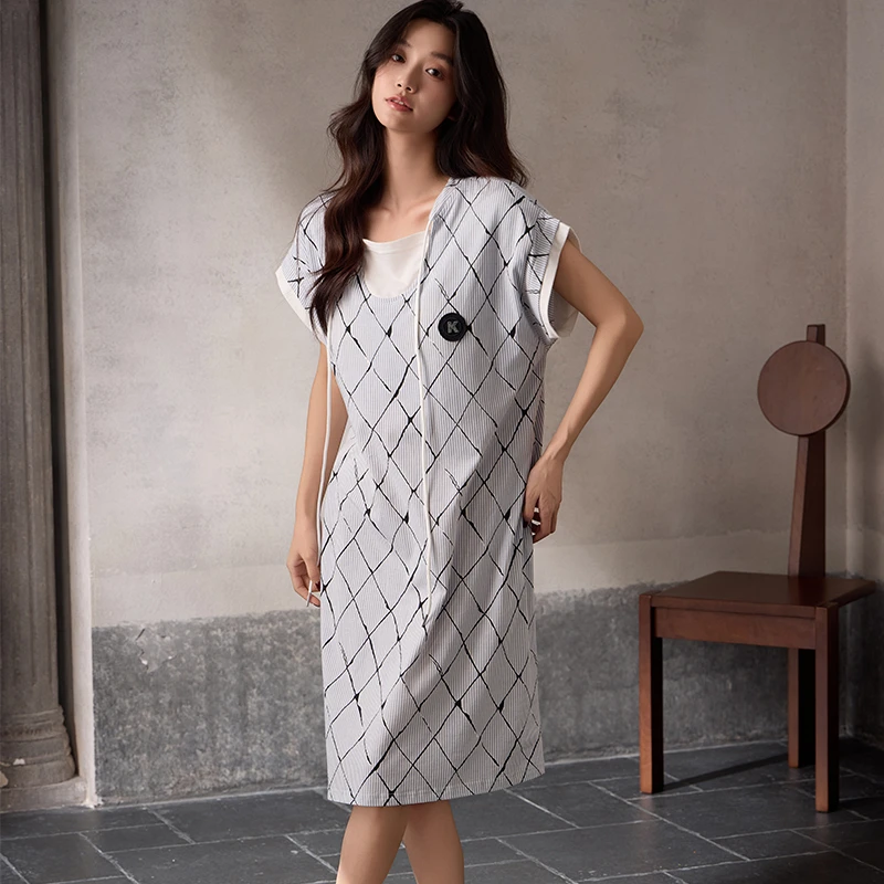 2025新款纯棉带胸垫睡裙女夏季宽松薄款中长款睡衣女短袖裙可外穿