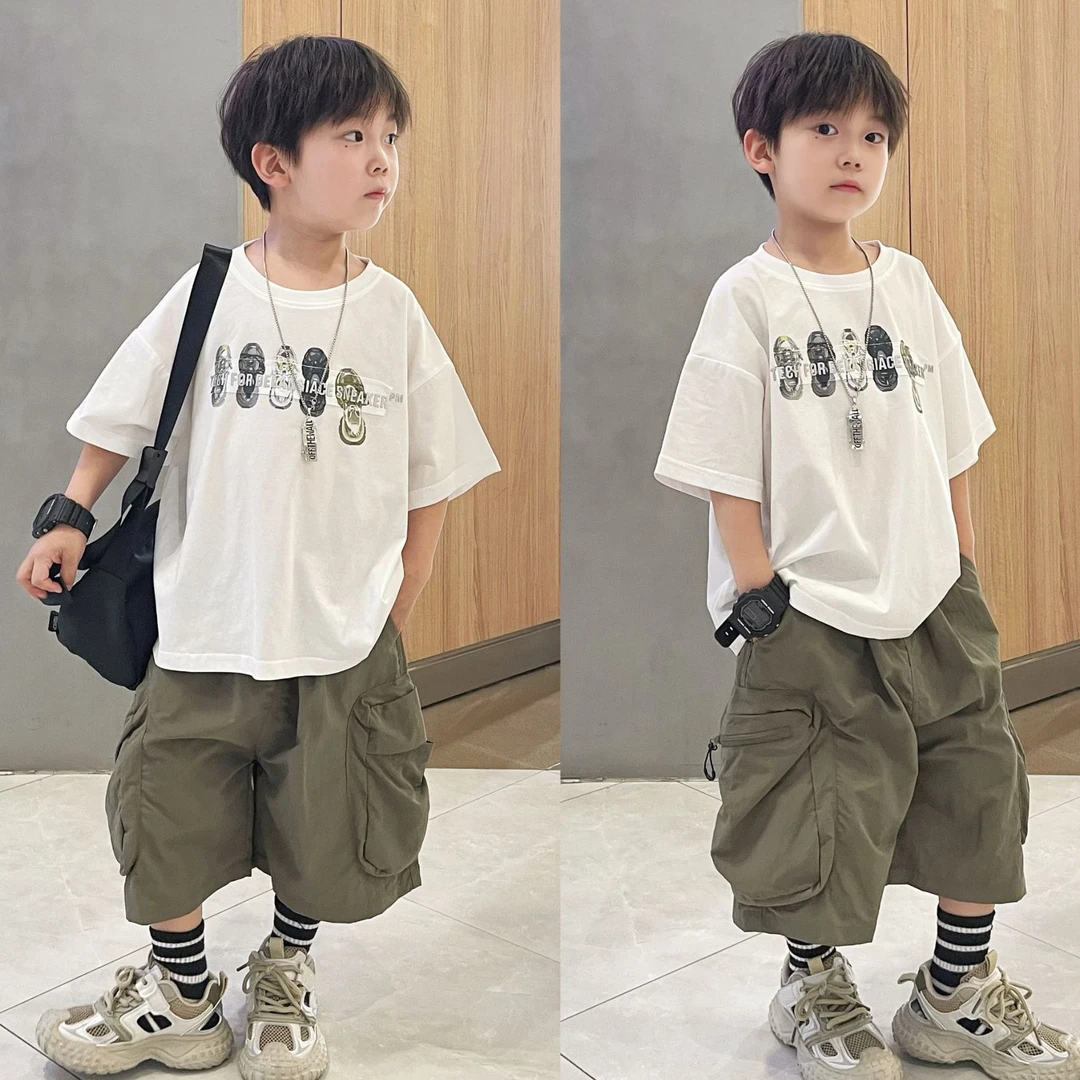 夏季男童宽松印花套装2025新款夏季潮范男童绿色工装短裤男童套装