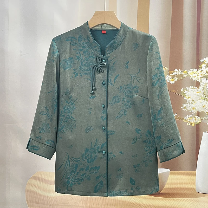 新中式七分袖衬衫中老年人女装奶奶唐装小衫妈妈夏季休闲宽松开衫