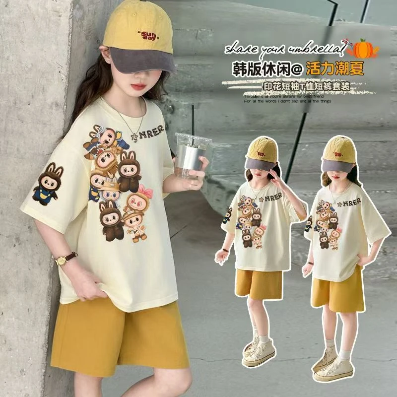 女童夏套装2025新款夏季印花T恤短袖短裤两件套女孩休闲运动服套
