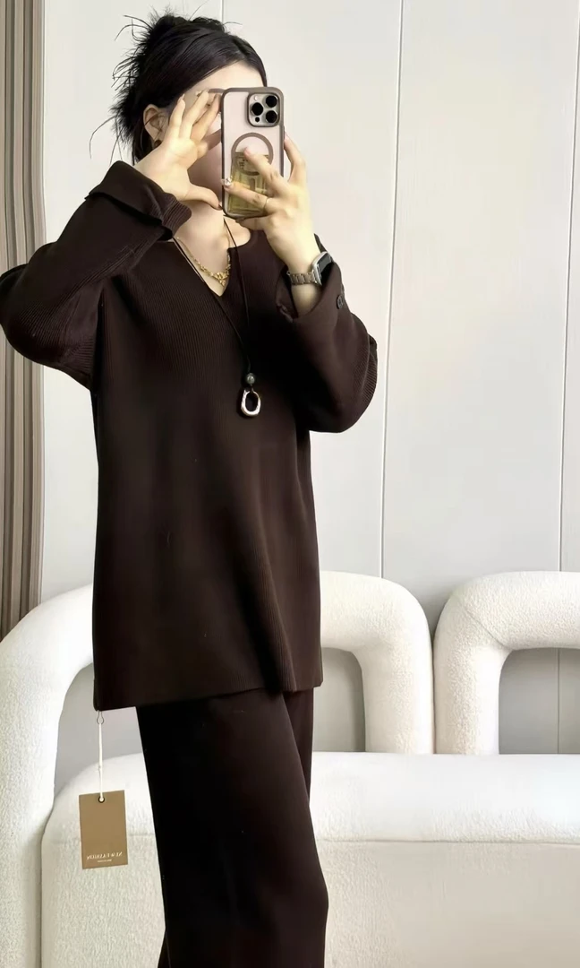 2025年秋冬季新款洋气加绒V领显瘦慵懒风两件套6395