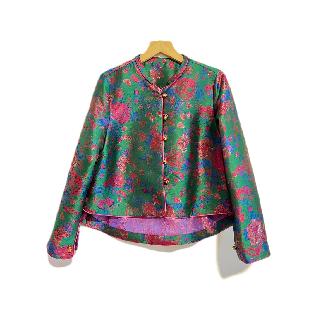 H250101海棠花开绿色复古长袖休闲女装重工圆领时尚提花网红宽松