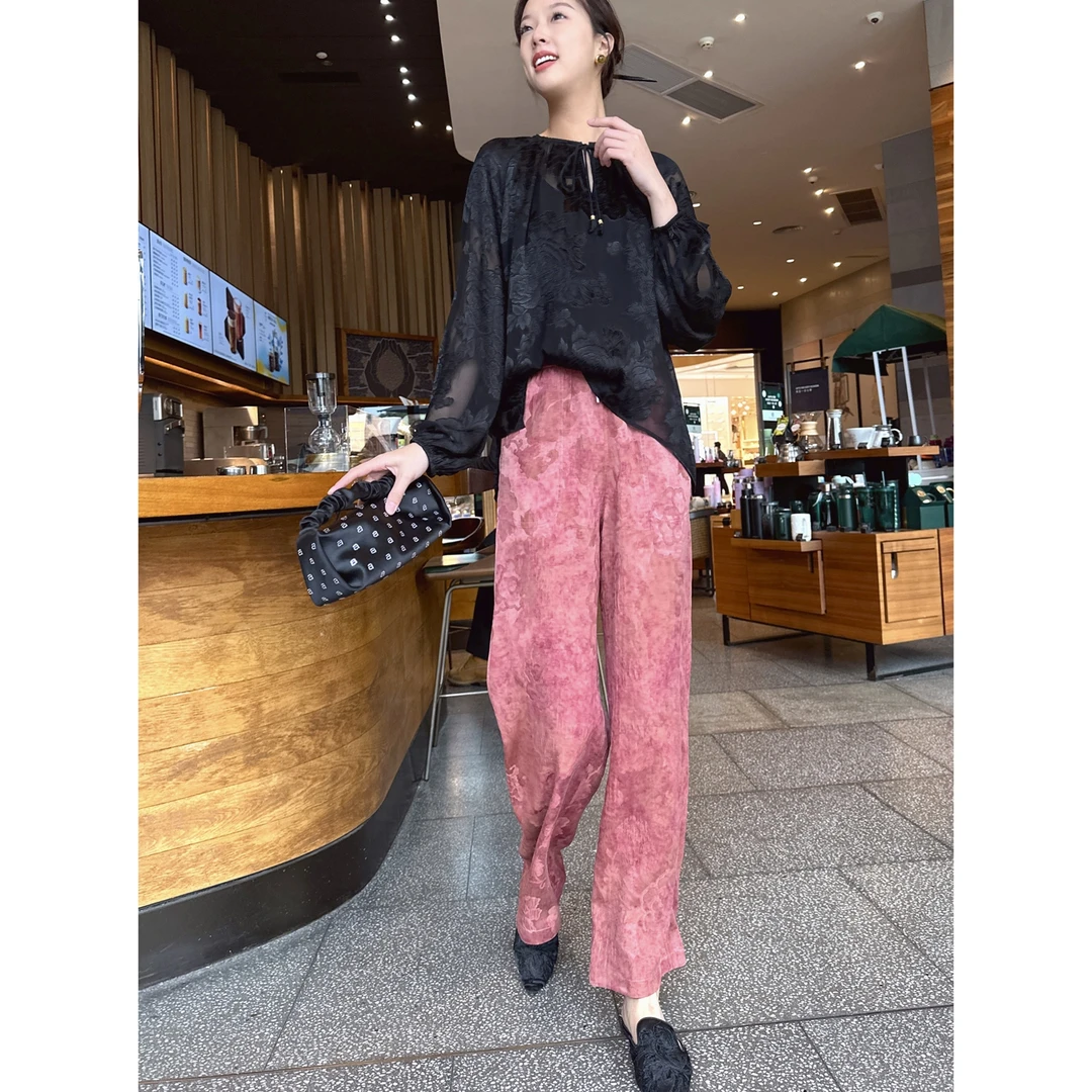 【老罗家】原创香云纱休闲裤女桑蚕丝扎染长裤提花宽松显瘦直筒裤子