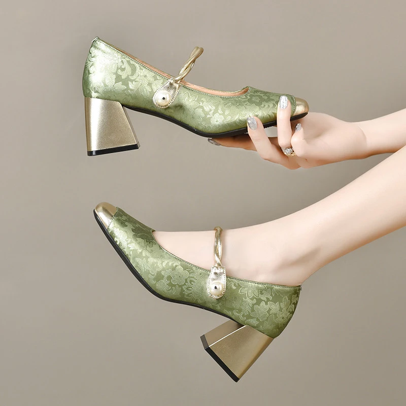 【旗舰新品】方头浅口玛丽珍单鞋女2025新款春季粗跟高跟鞋真皮女