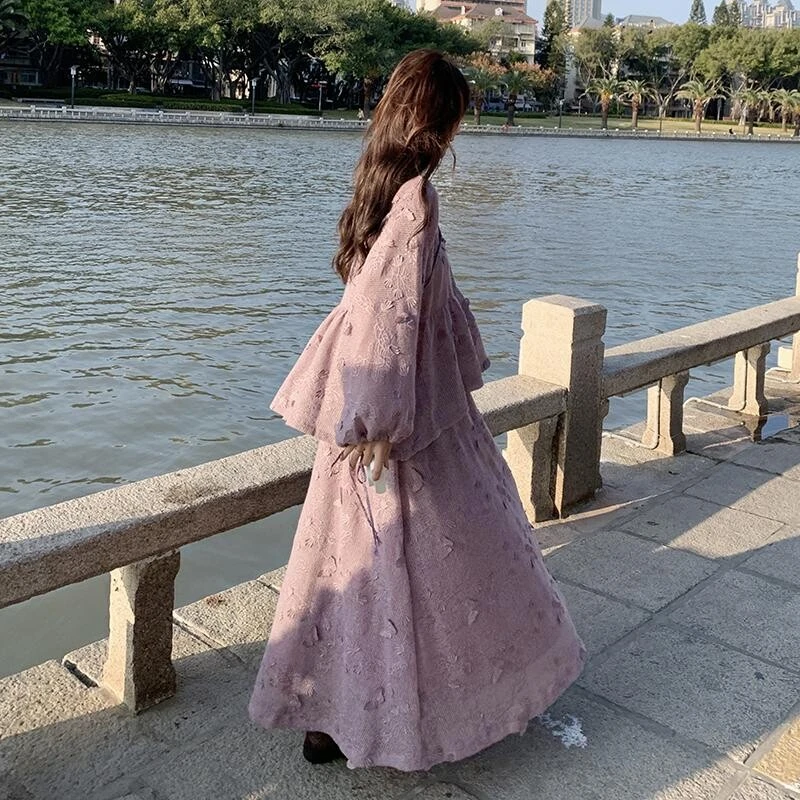 中式国风复古灯笼袖衬衫套装裙女2025春季新款高级感香芋紫两件套