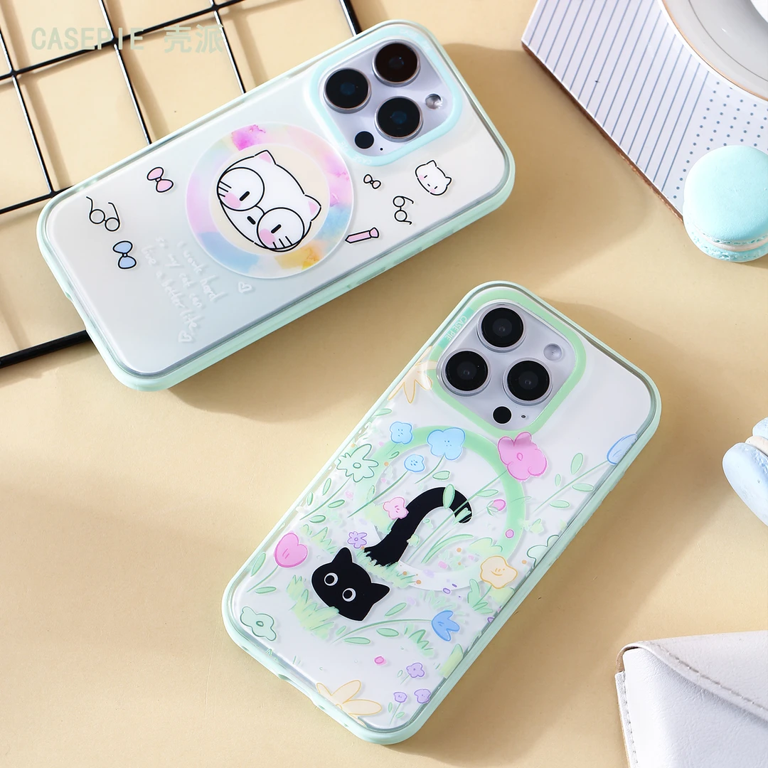 卡通黑猫苹果16promax磁吸手机壳适用iphone15/14双层图案防刮花