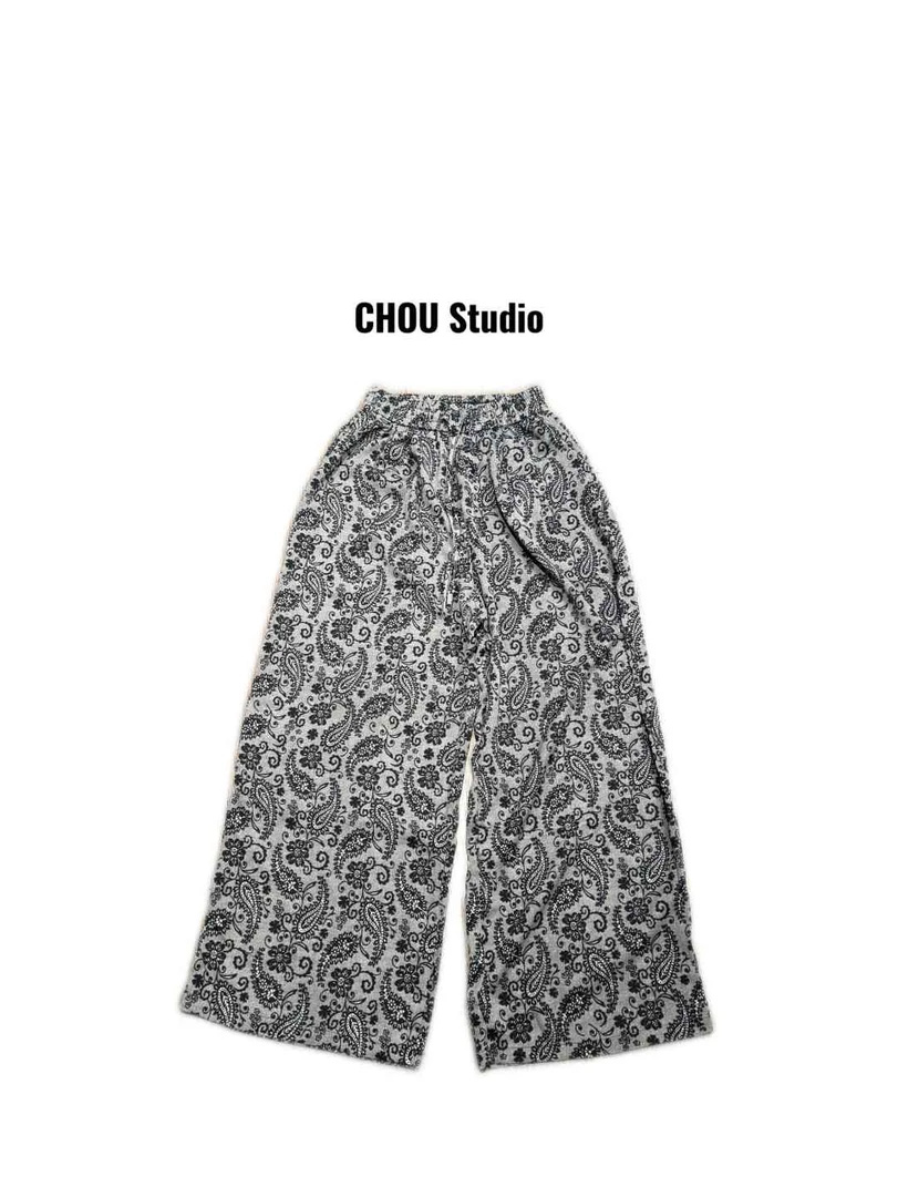 【CHOU CHOU】极简冰丝凉凉丝滑立体印花阔腿裤6977夏季直筒