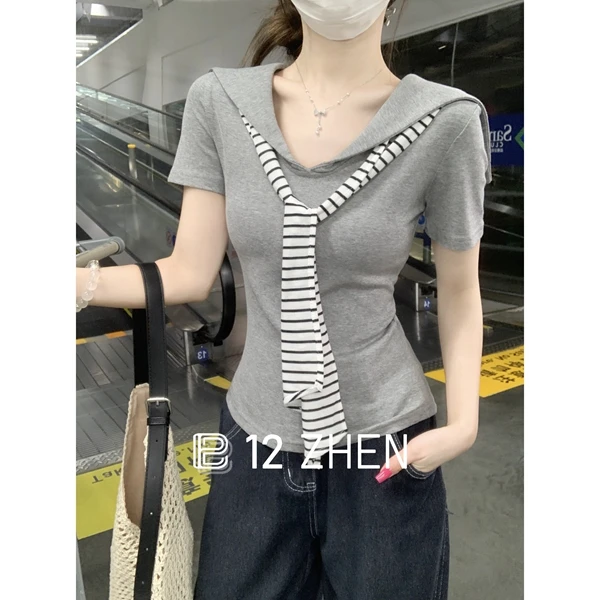 2025夏季韩版学院风海军领套头条纹披肩正肩设计感短袖T恤上衣女