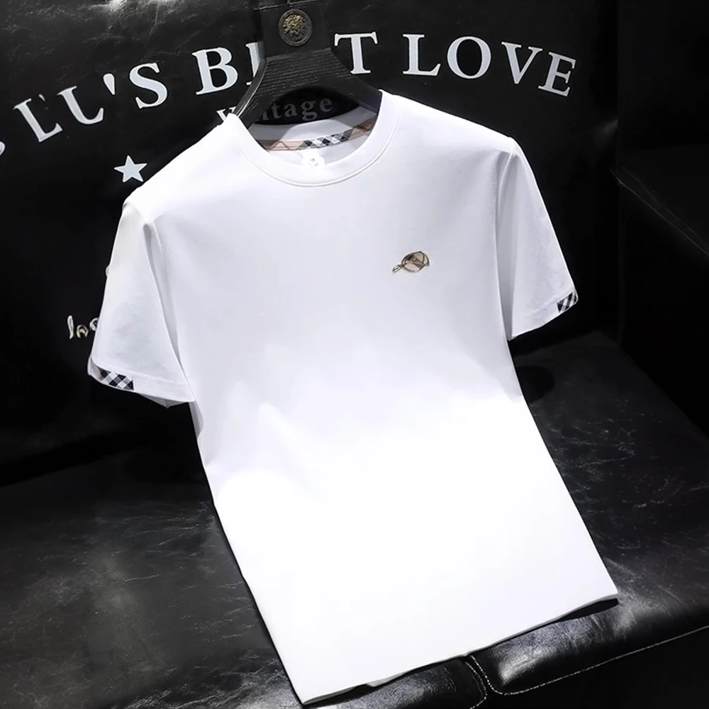 白色短袖T恤男士2025夏季修身休闲质圆领体恤衫半袖印花百搭时尚