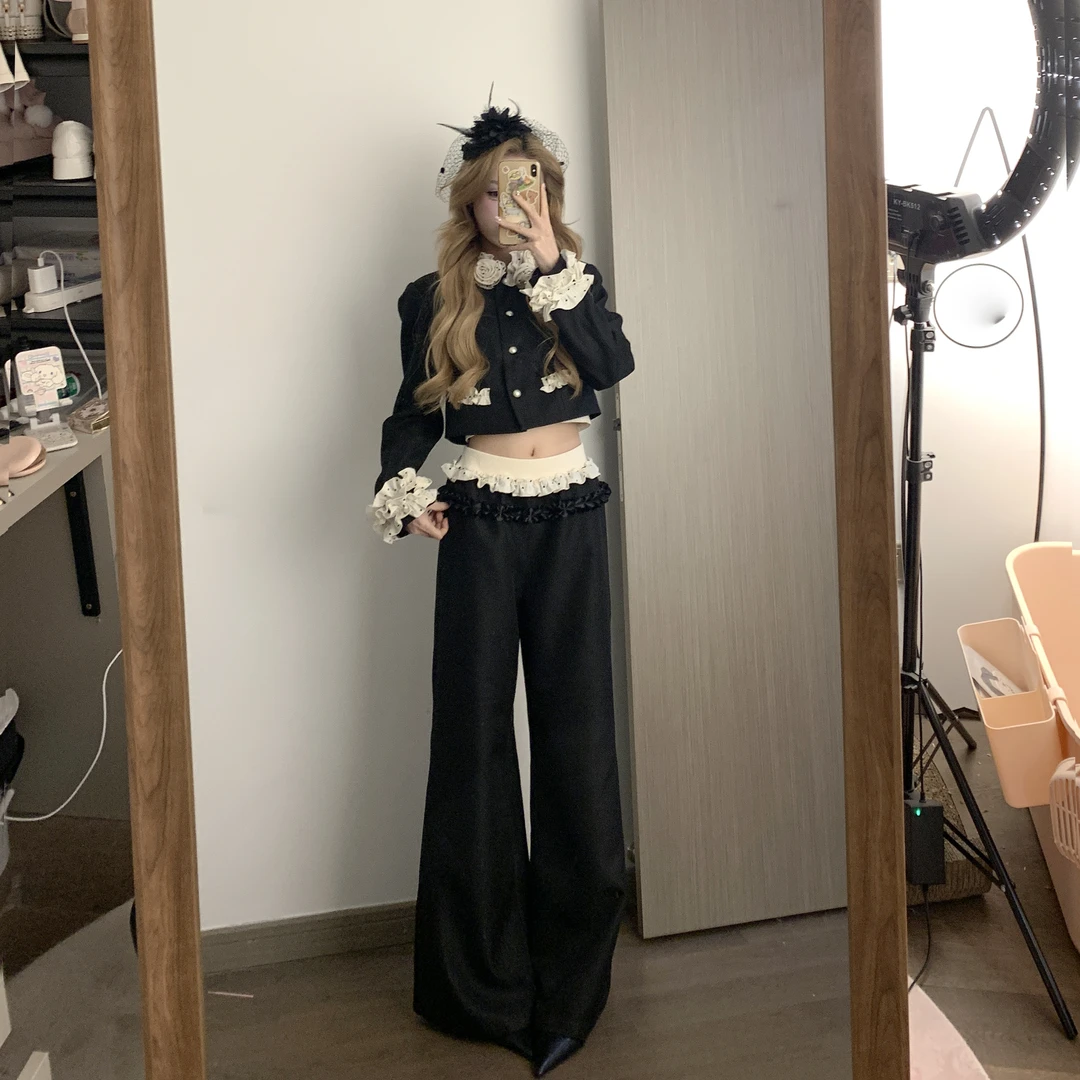 【暗黑千金】薄西装套装开春新款赫本风立体花朵短款上衣+休闲长裤