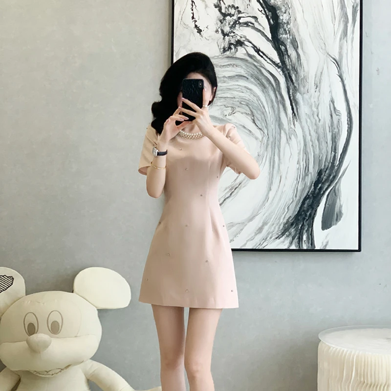 轻职风拉链高腰连衣裙日常2025夏季短款修身时尚圆领粉色少女裙子