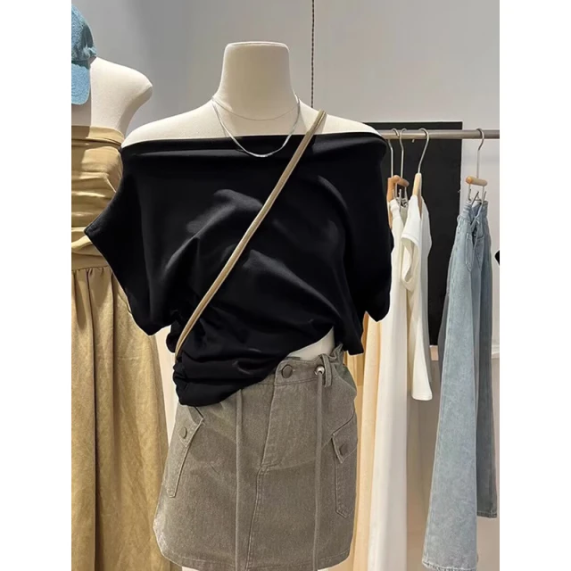 黑色高级感一字肩半袖T恤女夏季韩版修身显瘦甜辣妹褶皱短袖上衣