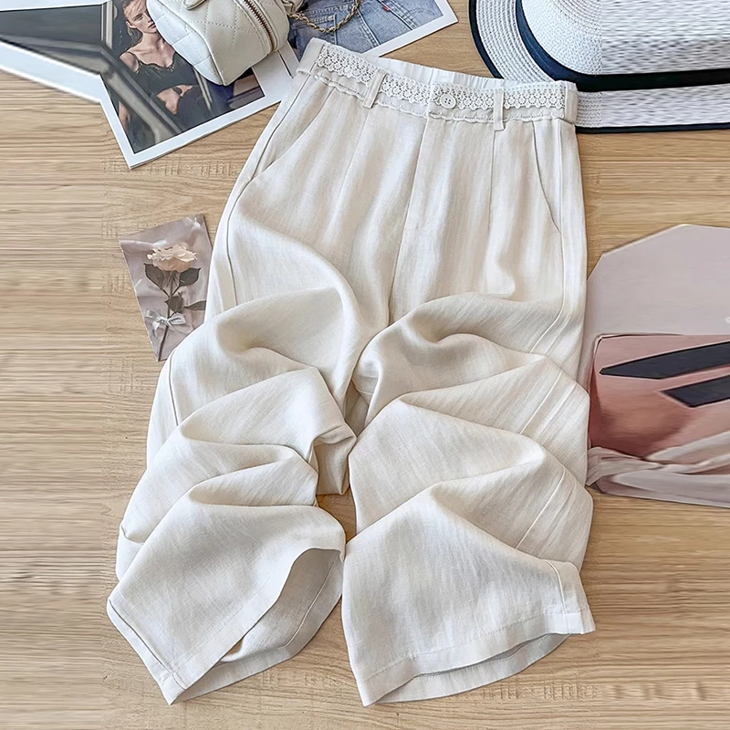 拉夏贝尔蕾丝边小个子宽松直筒裤女夏季2025新款垂坠感设计阔腿裤