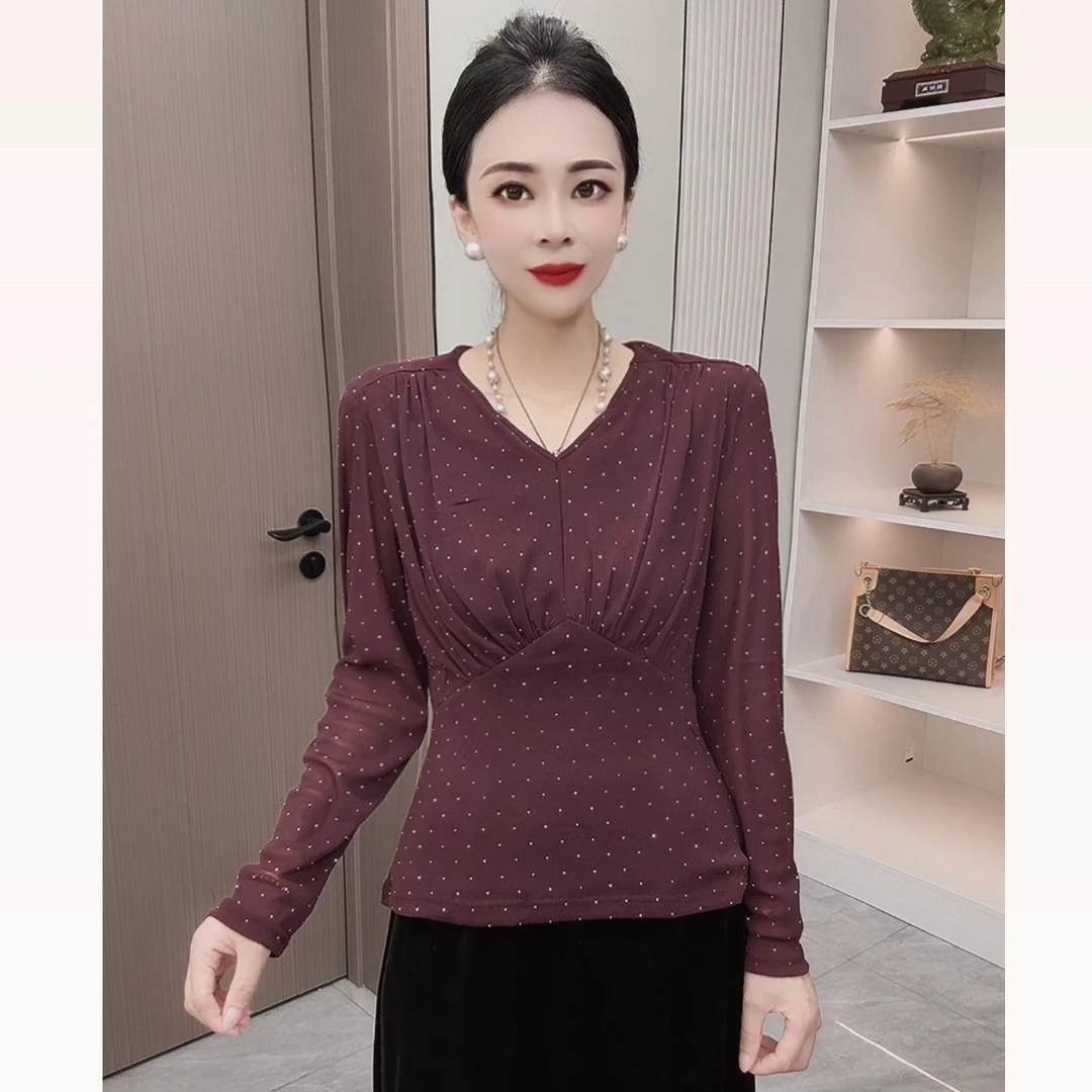 高品质满天星满钻长袖V领钻气质修身显瘦洋气弹力亲肤纱打底衫