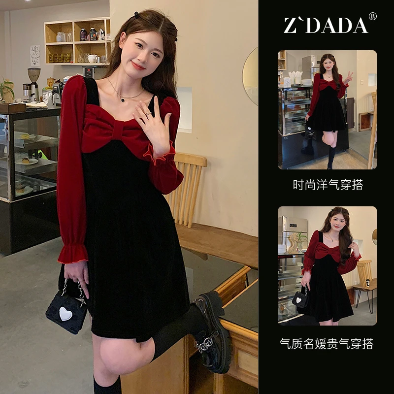 大码女装假两件丝绒连衣裙秋冬胖mm显瘦收腰复古法式WTB0071