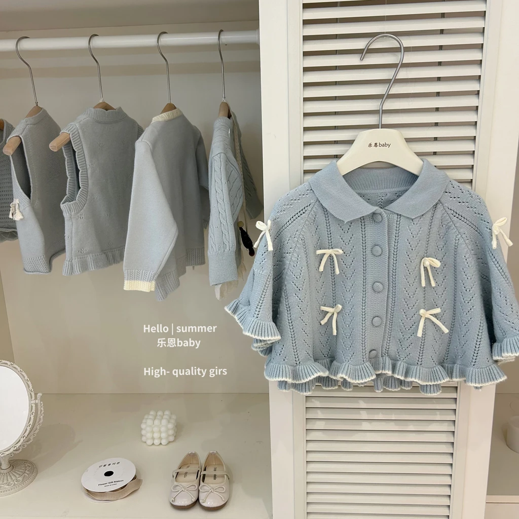 【乐恩baby】2025春夏女童蓝色针织衫毛线衣斗篷打底裤甜美外套套装