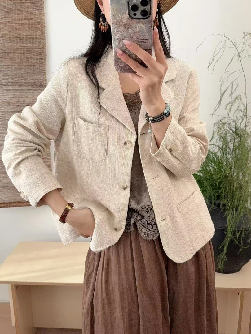 【左耳与麻】春季新款100%编织亚麻纯色短款休闲西装外套8863