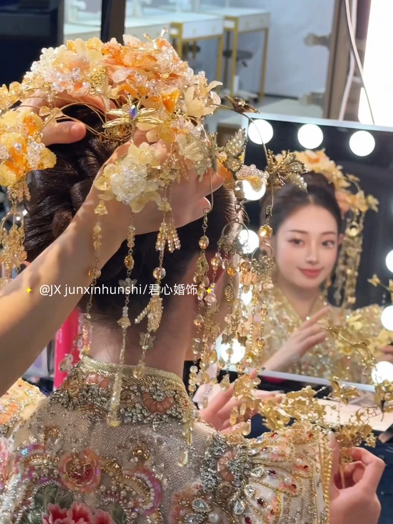 君心家「连理枝」香槟金奢华水晶后压小钗套装新娘饰品