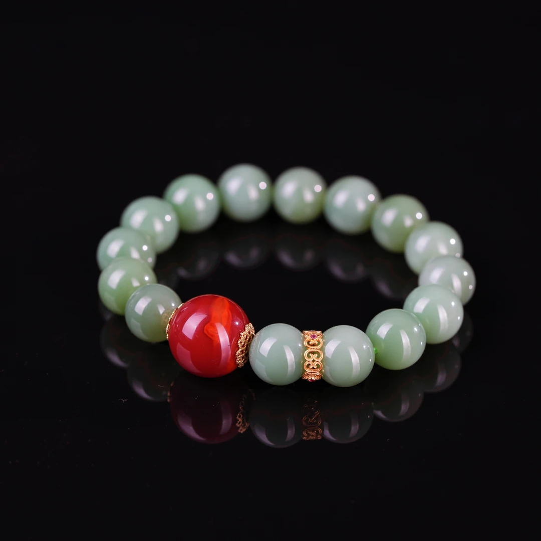 典藏级 和田玉粉青微猫火焰纹手串 12mm± 18K金 H17034