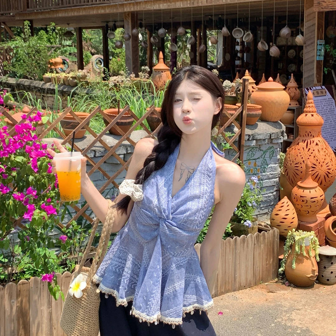 2025夏季新款韩系重工气质V领钉珠扭结短款小个子挂脖吊带背心女