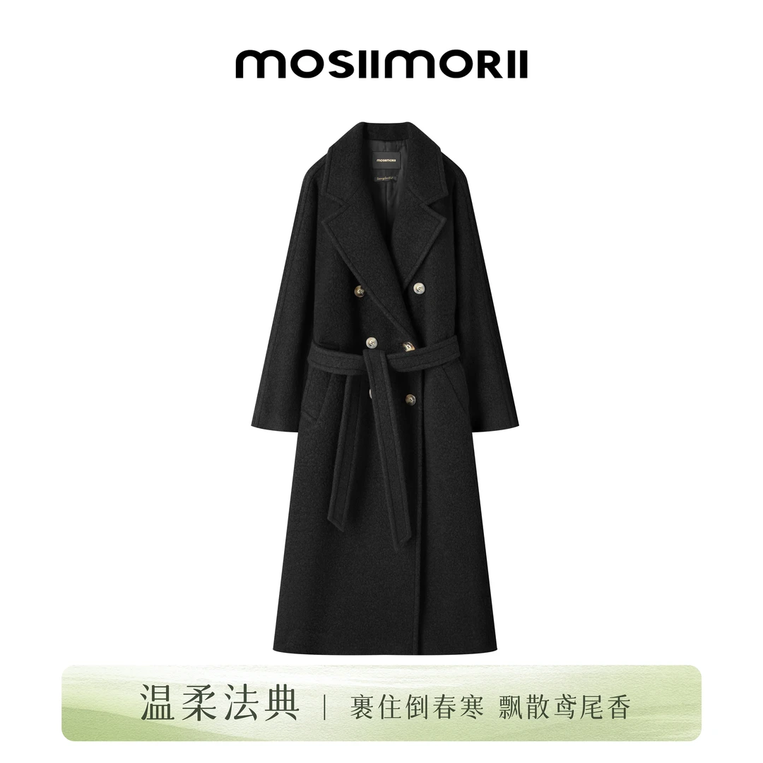 【鸢尾花】气质时尚轻奢设计师大衣经典秋冬中长款翻领系带外套