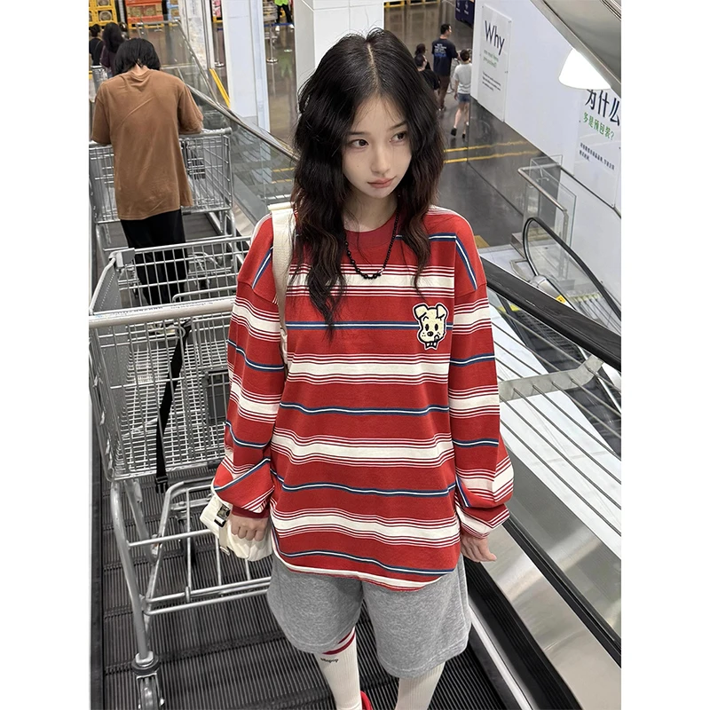 【珂塔芙】条纹长袖女早秋穿搭小狗刺绣撞色t恤宽松情侣学院风上衣